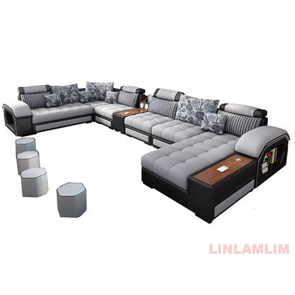 Linlamlim U-Shaped Sectional Fabric Sofa Set - Modern Living Room Furniture with Storage, Built-in Side Table, USB, and...