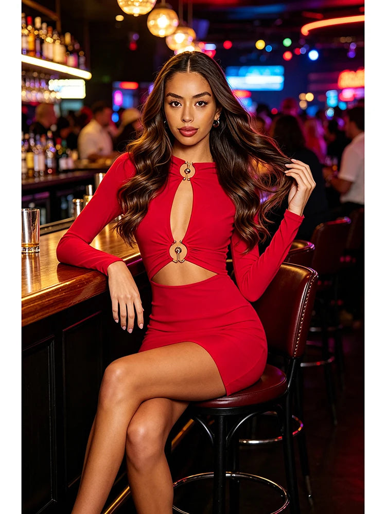 Sexy Long Sleeve O Neck Metal Buckle Ruched Mini Dress Women Red Cut Out Folds Bodycon Dresses Elegant Evening Party...