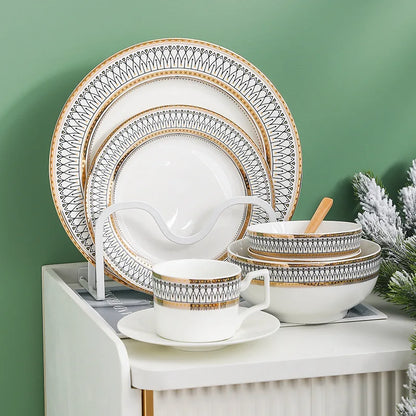 Nordic Fine Bone China Plates Set Dinner Serving Kitchen Dessert Plate Dish Tableware Porcelain Plate Bowl Dishware Service Set - Kimlud