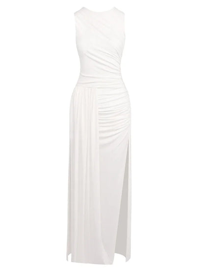 Sexy Sleeveless O Neck Draped High Split Long Dress Women White Elegant Summer Folds Bodycon Celebrity Club Evening Party Gowns