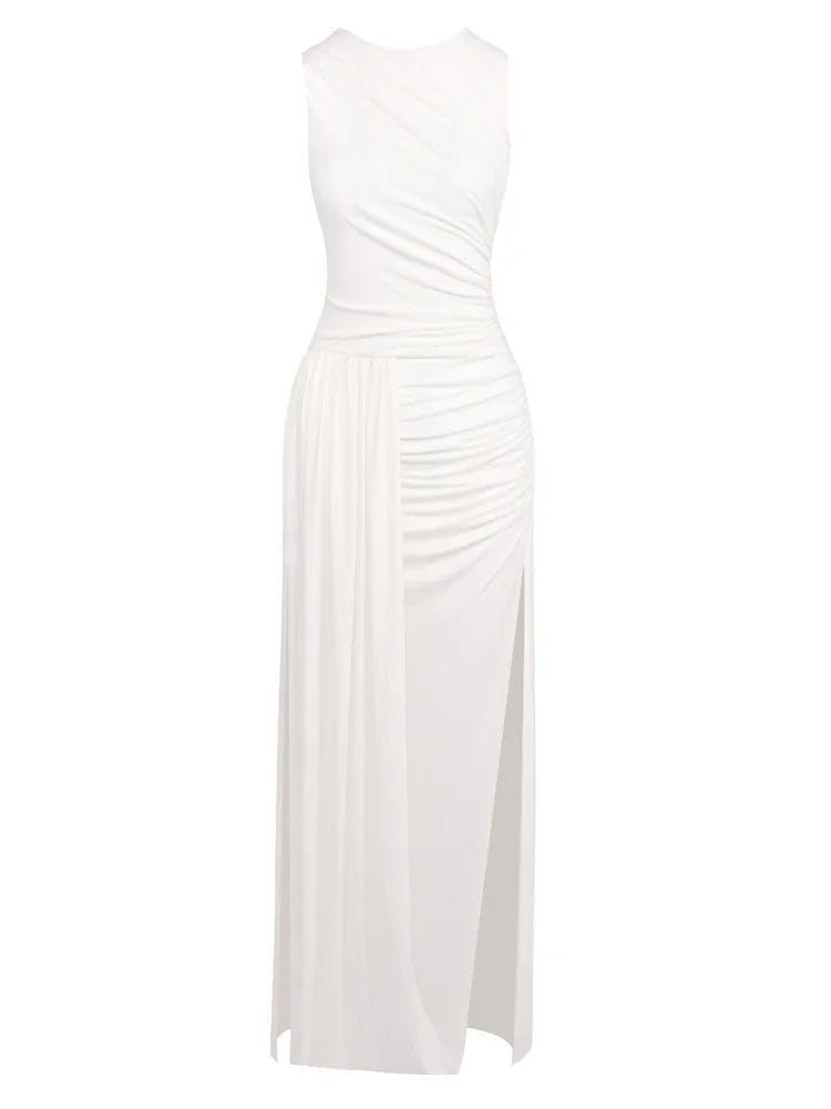 Sexy Sleeveless O Neck Draped High Split Long Dress Women White Elegant Summer Folds Bodycon Celebrity Club Evening Party Gowns