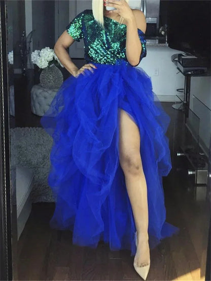 Women Layered Tulle Tutu Skirts for Evening Party Wedding High Waist Long Split Skirts Ladies Princess Bridal Prom Skirts Female