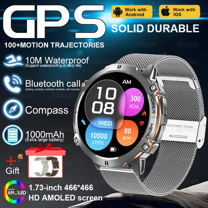 2025New Outdoor Military GPS Compass Smart Watch Men 1.73"HD AMOLED Screen 1000MAH Heart Rate BT Call IP68 Waterproof Smartwat