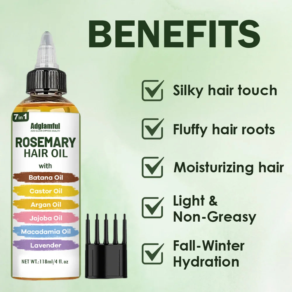 Adglamful 7-in-1 Rosemary Hair Oil 118ml – No-Rinse Hair Oil+Comb Set, Instantly Smooths Frizz, Repairs Damage | Kimlud...