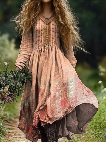 Boho Vintage Print Long Dresses For Women 2025 Casual V Neck Full Sleeve Splice High Waist Loose Dress Autumn Fashion Vestidos - Kimlud