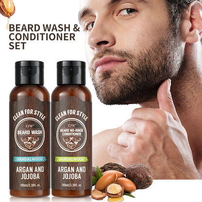 Beard Care Set, Sandalwood Beard Shampoo and Beard no-rinse conditioner- Softens & Strengthens Beard, with Argan and Jojoba Oil