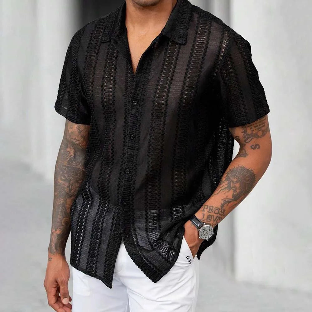 Black As Pictures Show Men s Summer Mesh Shirt Lace Shirt For Men Slight Stretch Solid Color Brand New Regular Length - Kimlud