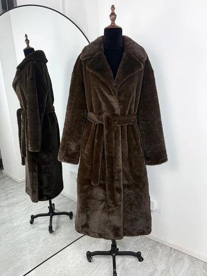 Tuularose Faux Fur Long Coat Women's Lace-up Thickened Long Fur Coat Jacket 2025 Winter Fluffy Plush Warm Lapel Vintage...