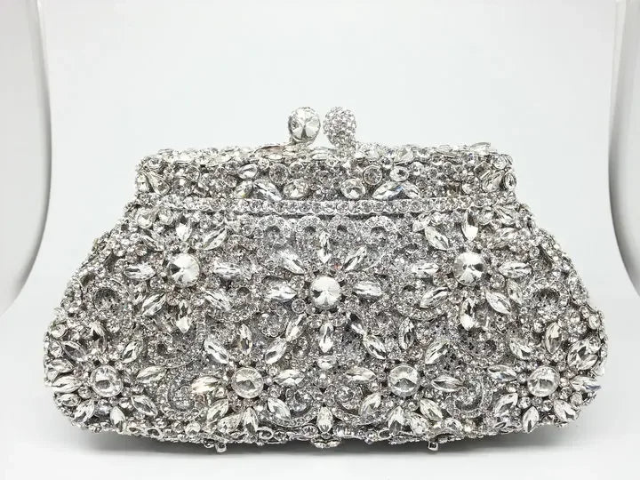 Boutique De FGG (in stock) Flower Crown Clutch Silver Crystal Evening Handbag Women Party Prom Bag Bridal Clutches Wedding Purse - Kimlud