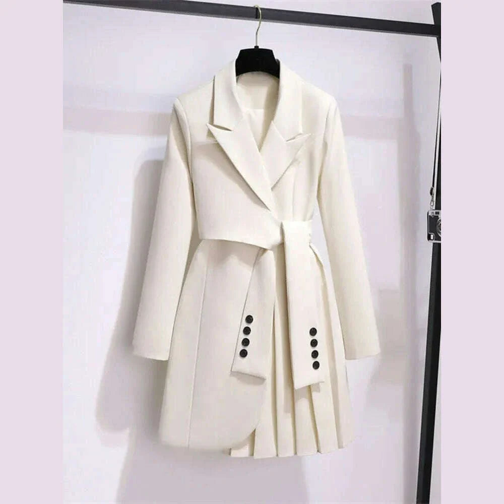 2022 Autumn Office Sashes Bandage Waist Tie Blazer Dress Women Long Sleeve Notched Collar Pleated Irregular Mini Vestidos