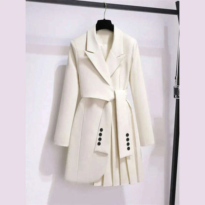 2022 Autumn Office Sashes Bandage Waist Tie Blazer Dress Women Long Sleeve Notched Collar Pleated Irregular Mini Vestidos
