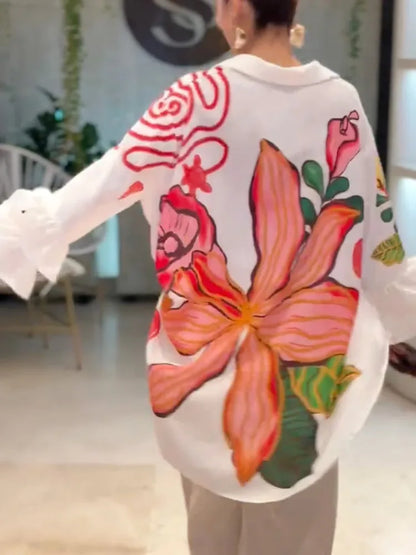 Yeezzi Women's Elegant Large Floral Printed High-Low Lapel Blouse 2026 Flared Sleeves Oversized Casual Office Party...