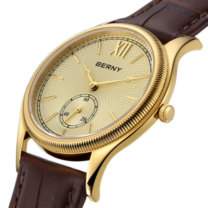 BERNY Luxury Watches for Men Ultra-Thin Classic Elegance Dress Gold Quartz Men's Watch Leather Strap Fashion Business Wristwatch