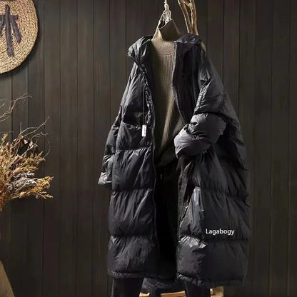 Lagabogy 2025 New Winter Women Oversize Long Puffer Coat Female Thick Warm White Duck Down Jacket Hooded Loose Parkas Outwear