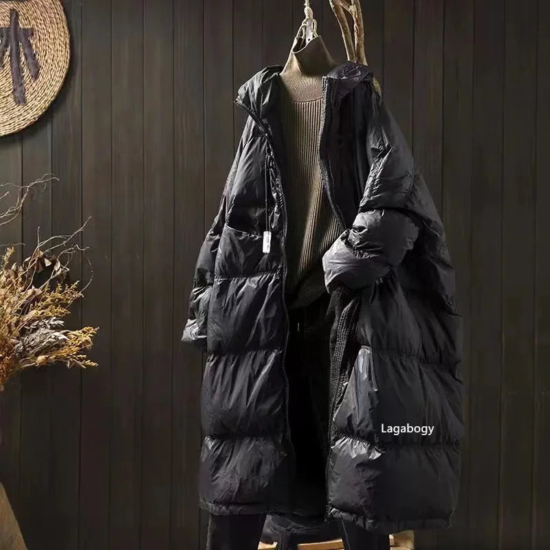 Lagabogy 2025 New Winter Women Oversize Long Puffer Coat Female Thick Warm White Duck Down Jacket Hooded Loose Parkas Outwear