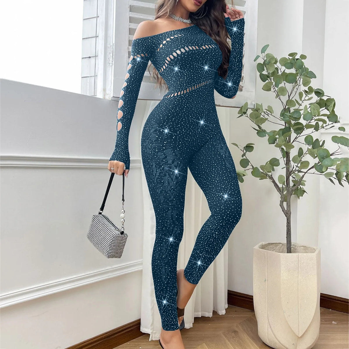 2025 Lace Embroidery Bra Set Women Sexy Mesh Rhinestone Jumpsuit Long Sleeve See Through Sexy Bustier Lingerie for Women - Kimlud