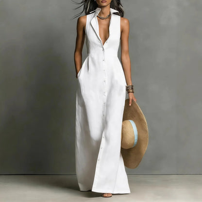 Women Maxi Dress Sleeveless Lapel Collar Button Down Shirt Dress With Pockets Deep V Neck Summer Beach Vacation Long Sundress
