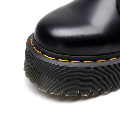 Women's Motorcycle Boots 10 Holes Thick Bottom Side Zipper British Style Long Booties Flatform Work Boots round Toe Mid Heel