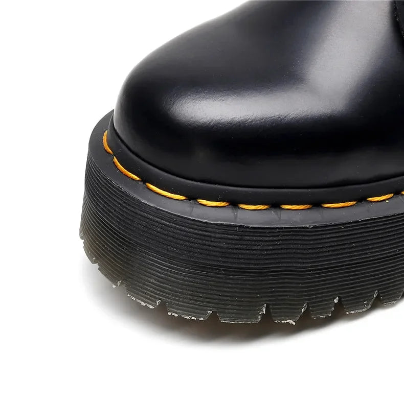 Women's Motorcycle Boots 10 Holes Thick Bottom Side Zipper British Style Long Booties Flatform Work Boots round Toe Mid Heel