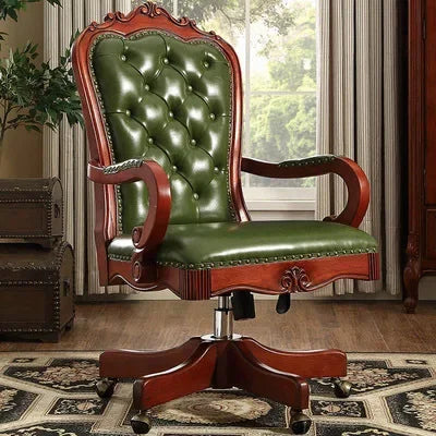 12American Genuine Leather Retro Carved Solid Wood Swivel Chair Office Chair Lift | Kimlud Vintage Luxury Home