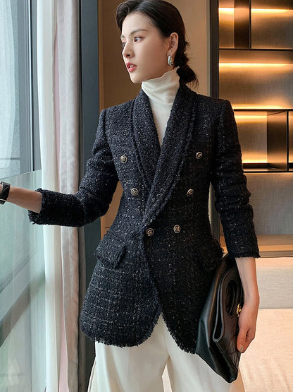 2021 autumn new style small fragrant black temperament wool small suit jacket women's self-cultivation suit blouse