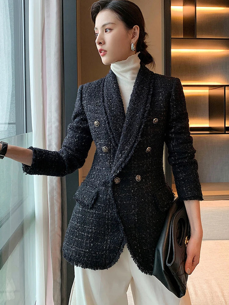 2021 autumn new style small fragrant black temperament wool small suit jacket women's self-cultivation suit blouse