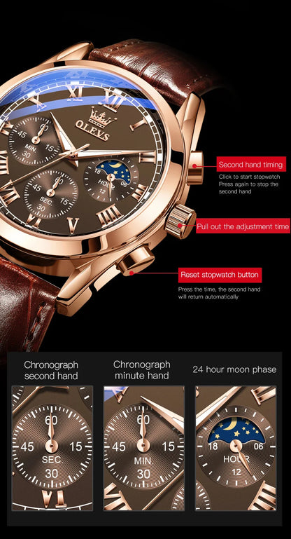 OLEVS 2871 Men Watch Original Brand Quartz Watch Multifunctional Chronograph Watch For Man Waterproof Luminous Moon...