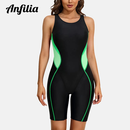 Anfilia Women One-Piece Sports Swimsuit Color Block Racerback Professional Training Boyleg U Neck Swimwear - Kimlud