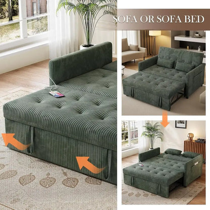 Green Corduroy 3-in-1 Sleeper Sofa with Pull-Out Bed, Storage and USB Ports for Small Living Spaces - Kimlud