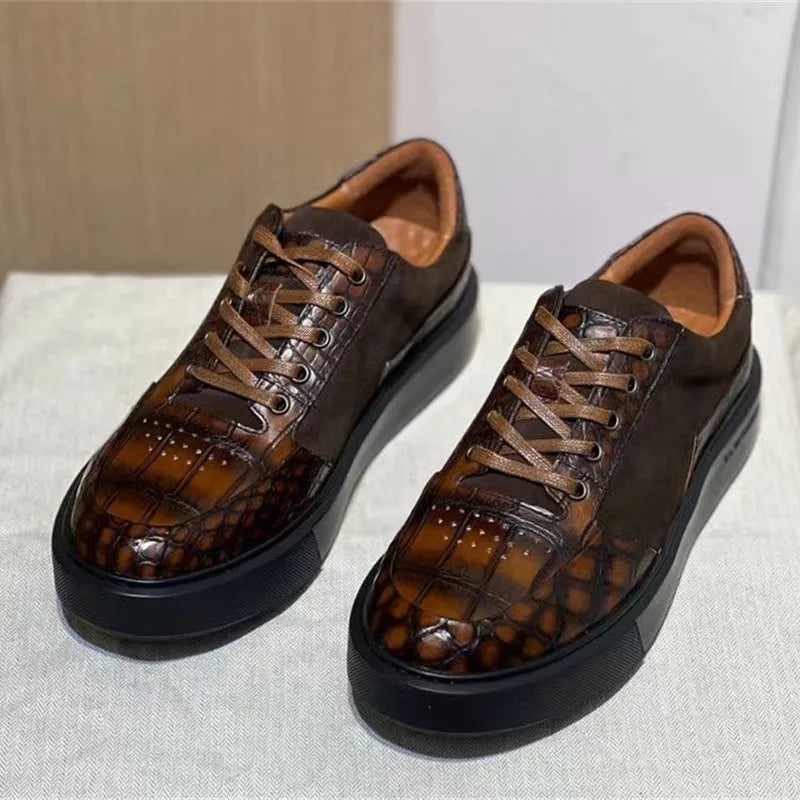 Authentic Exotic Crocodile Skin Hand Painted Men's Soft Board Shoes Genuine Real Alligator Leather Male Lace-up Patchwork Flats