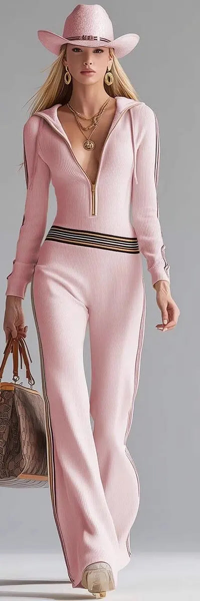 Contrast Color Stitching Pit Strip Knitted Jumpsuit New Women's Spring Autumn Long-sleeved Zippered Long-sleeved Hooded Jumpsuit - Kimlud
