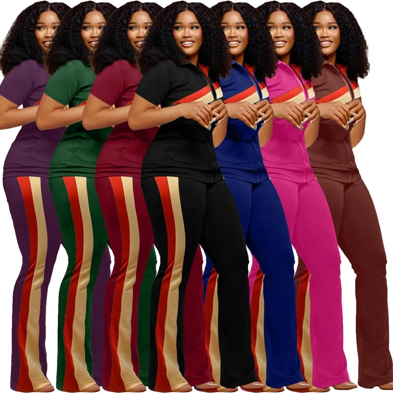 STYLISH LADY Patchwork Sporty 2 Piece Set Women Short Sleeve Zipper Jacket and Pant Suits 2025 Autumn Casual Fitness...