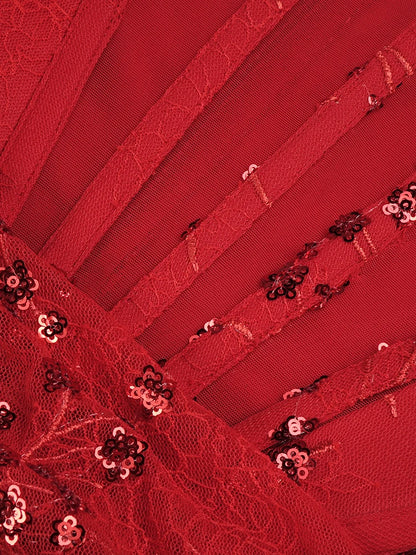 VC Luxury Women'S Dress Sparkly Red Sequins Patchwork Lace High Split Maxi Long Gowns With Gloves 2024 Summer New