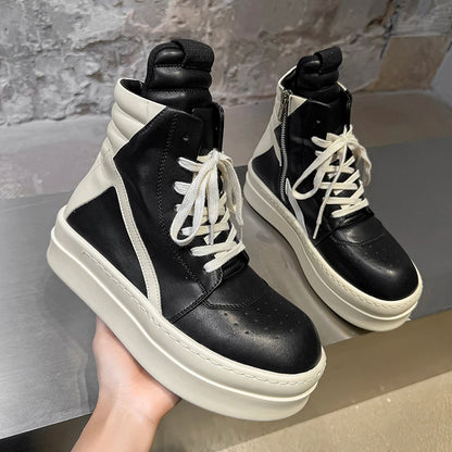 Men Black  White High Top Board Shoes Side Zipper Height Increase Anti Slip Wear-resistant Comfortable Fashionable Boots