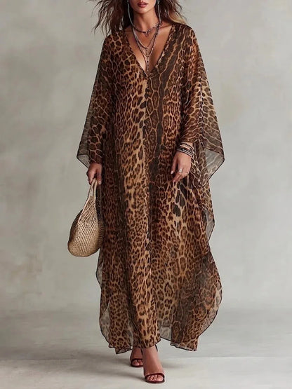 Vintage Chiffon Leopard Dress Deep V Neck Batwing Sleeve Maxi Caftan Dress Casual Loose Summer Beach Cover Up Dresses...