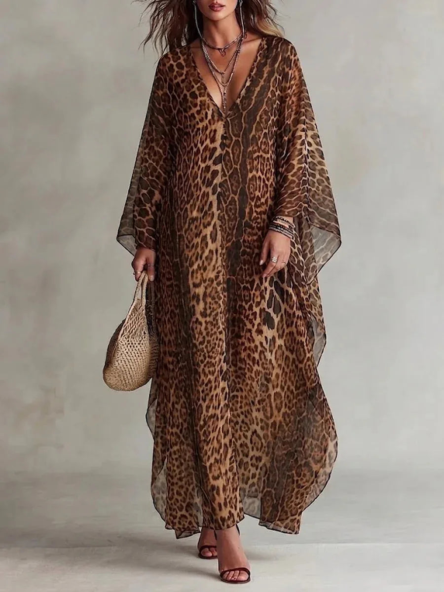 Vintage Chiffon Leopard Dress Deep V Neck Batwing Sleeve Maxi Caftan Dress Casual Loose Summer Beach Cover Up Dresses...