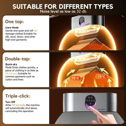 Portable Clothes Dryer for 9-12 Items with Time Setting, Remote Control, Low Noise, Energy Saving (Grey)