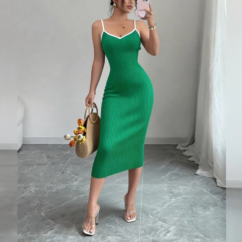 Women's Pink Spaghetti Strap Sleeveless Stretchy Sundress Knit Bodycon Midi Dress Sexy Summer Beach Vacation Party Long...