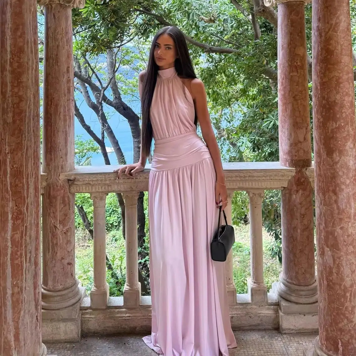 Ofherown Satin A-Line Formal Party Dress Blush Pink Halter Neck Evening Dress Prom Gown With Ruched Waist Open Back