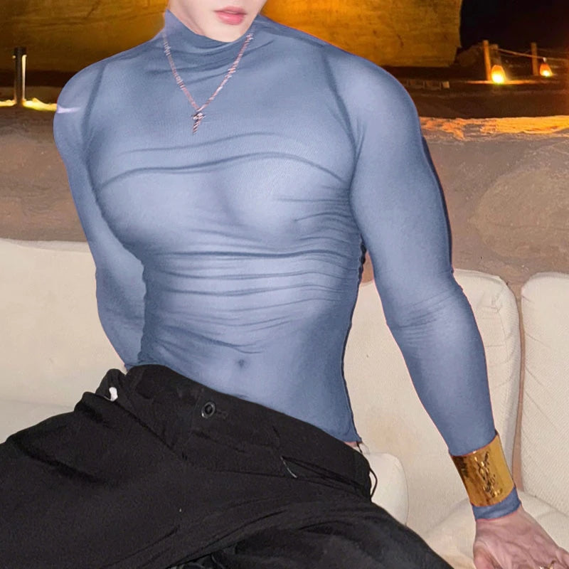 INCERUN Men T Shirt Mesh Long Sleeve See Through Turtleneck Male Tee Tops Sexy Streetwear Fashion Casual Men Clothing Solid - Kimlud