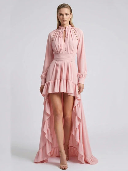 Sexy O Neck Lace Up Buttons Ruched Long Dress Women Pink Long Sleeves Ruffles Slim Dresses Celebrity Evening Party Runway Gowns