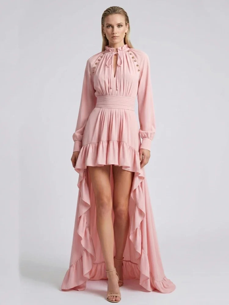 Sexy O Neck Lace Up Buttons Ruched Long Dress Women Pink Long Sleeves Ruffles Slim Dresses Celebrity Evening Party Runway Gowns