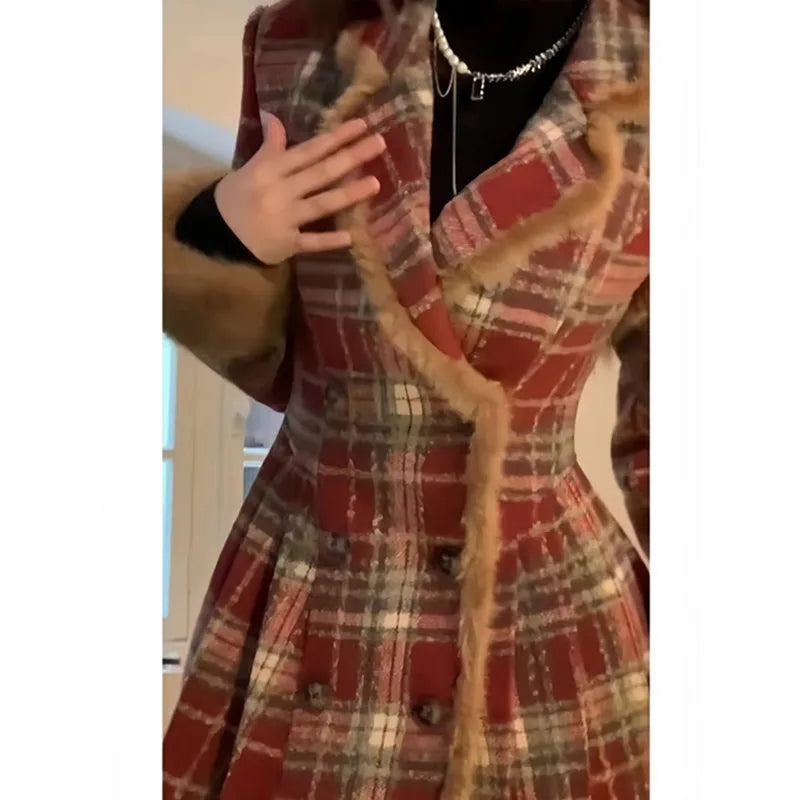 Women's Double Breasted Plaid Coat, Woolen Jacket , V-Neck, Loose Tops, Female Clothes, Sweet, New, Autumn, Winter |...