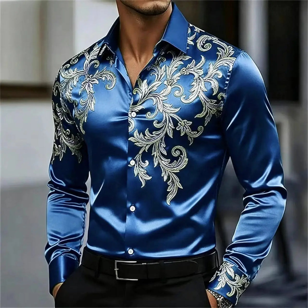 Men's Satin Paisley Printed Shirt Luxury Glossy Long Sleeve Casual Button Down Dress Shirts Nightclub Party Wear