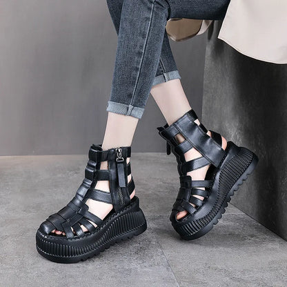 Koznoy 8cm 2025 Ethnic Weave Cow Genuine Leather Hollow Zip Summer Fashion Ankle Booties Women Chunky Heels Breathable...