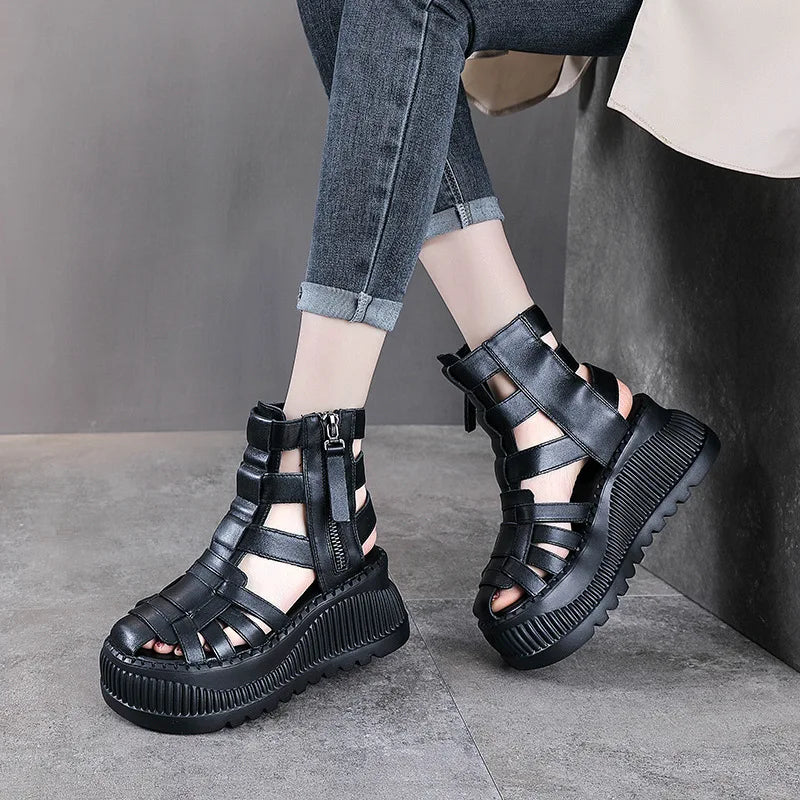Koznoy 8cm 2025 Ethnic Weave Cow Genuine Leather Hollow Zip Summer Fashion Ankle Booties Women Chunky Heels Breathable...