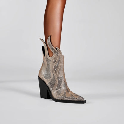 Women's new spring and autumn pointed fashion show rhinestone high heels, plus size zipper calf fashion boots