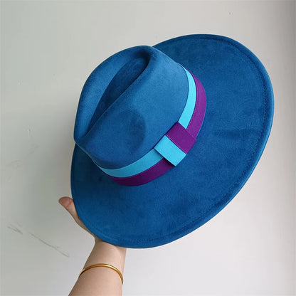 Colorblock Ribbon Colorful Suede Hat Autumn and Winter Women's Felt Hat Wide Brim Hat British Style Retro Men's Gorras Hombre - Kimlud