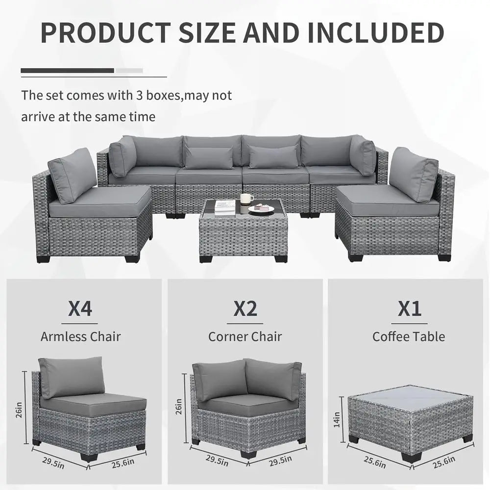 Gray Outdoor Patio Sectional Sofa Set with 7 Pieces, Washable Cushions, PE Wicker Rattan Furniture | Kimlud Outdoor...