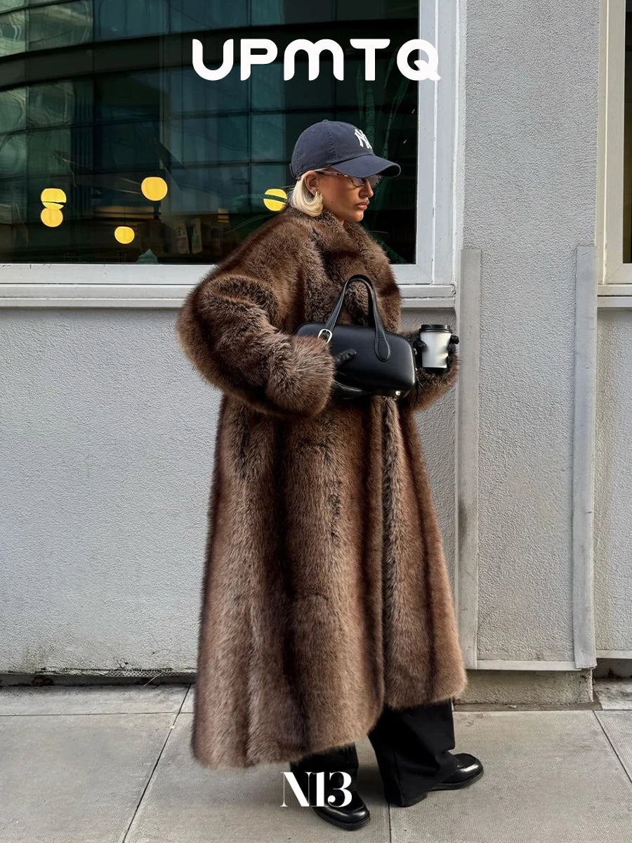 Brown Stripes Gradient Premium Faux Fur Maxi Long Coat Luxury Vintage Fluffy Lapel Collar Midi Coat Pinterest Style Slay Outfits